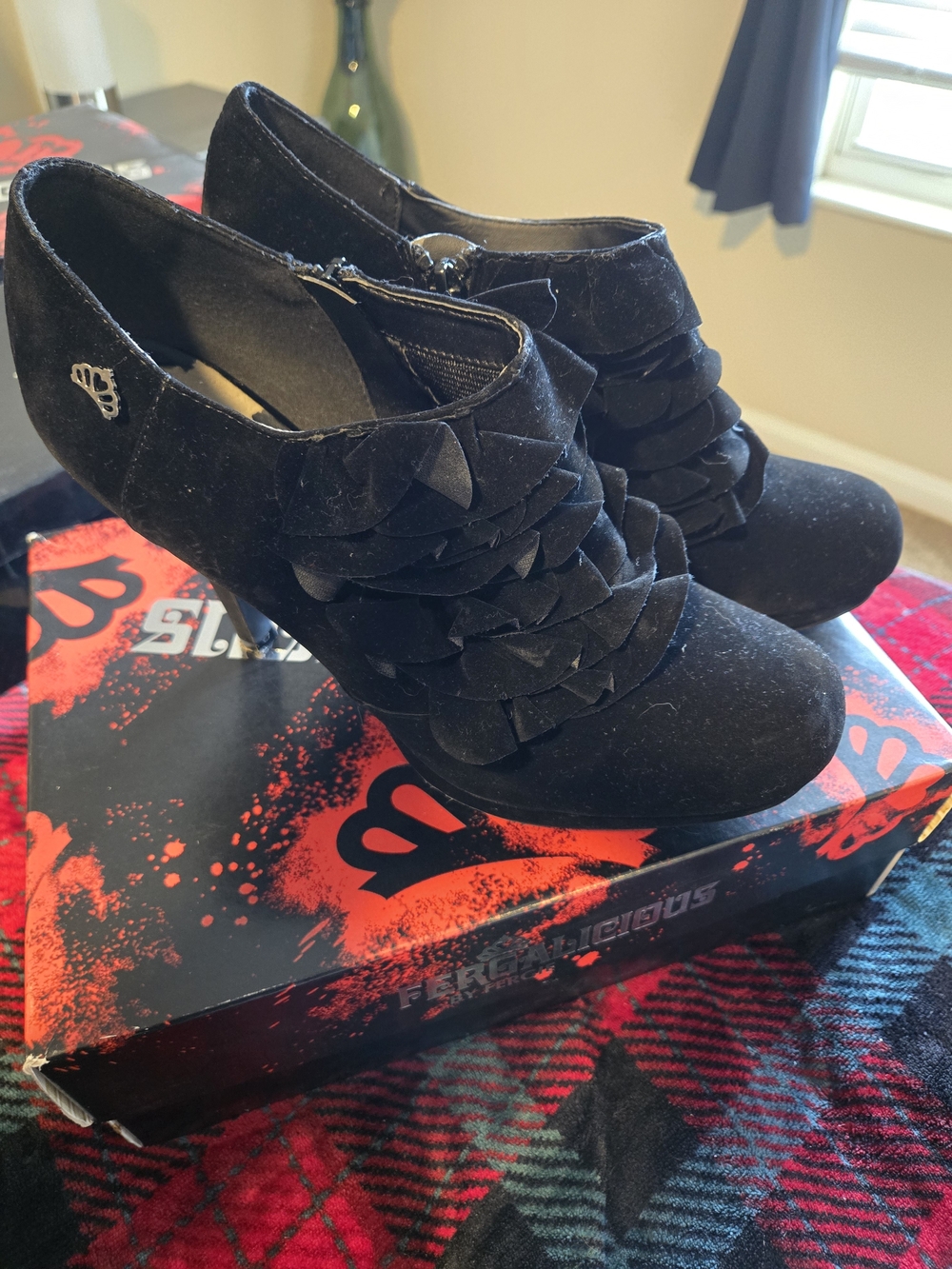 Fergalicious Borderline Black Velvet Ruffle Heeled Booties